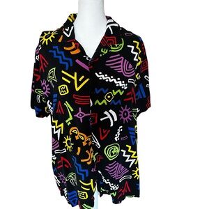 Men's Black Short-Sleeve Button Shirt with Multicolor Abstract Print